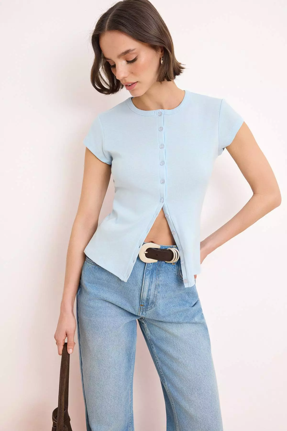 Light/Baby Blue Buttoned Fitted/Bodycon Knitted Blouse Twoss25Bz281