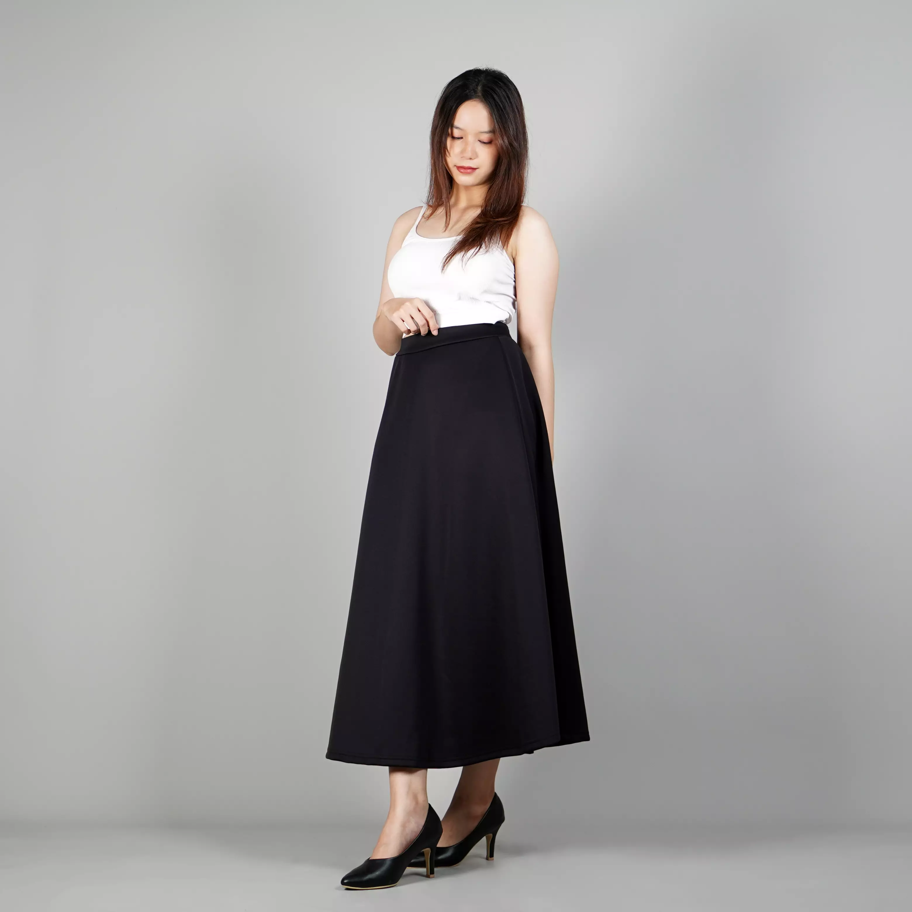 RACHEL Maxi Skirt Rok Maxi Rok Panjang Gaya Korea Flowy Skirt Korean Style - HITAM