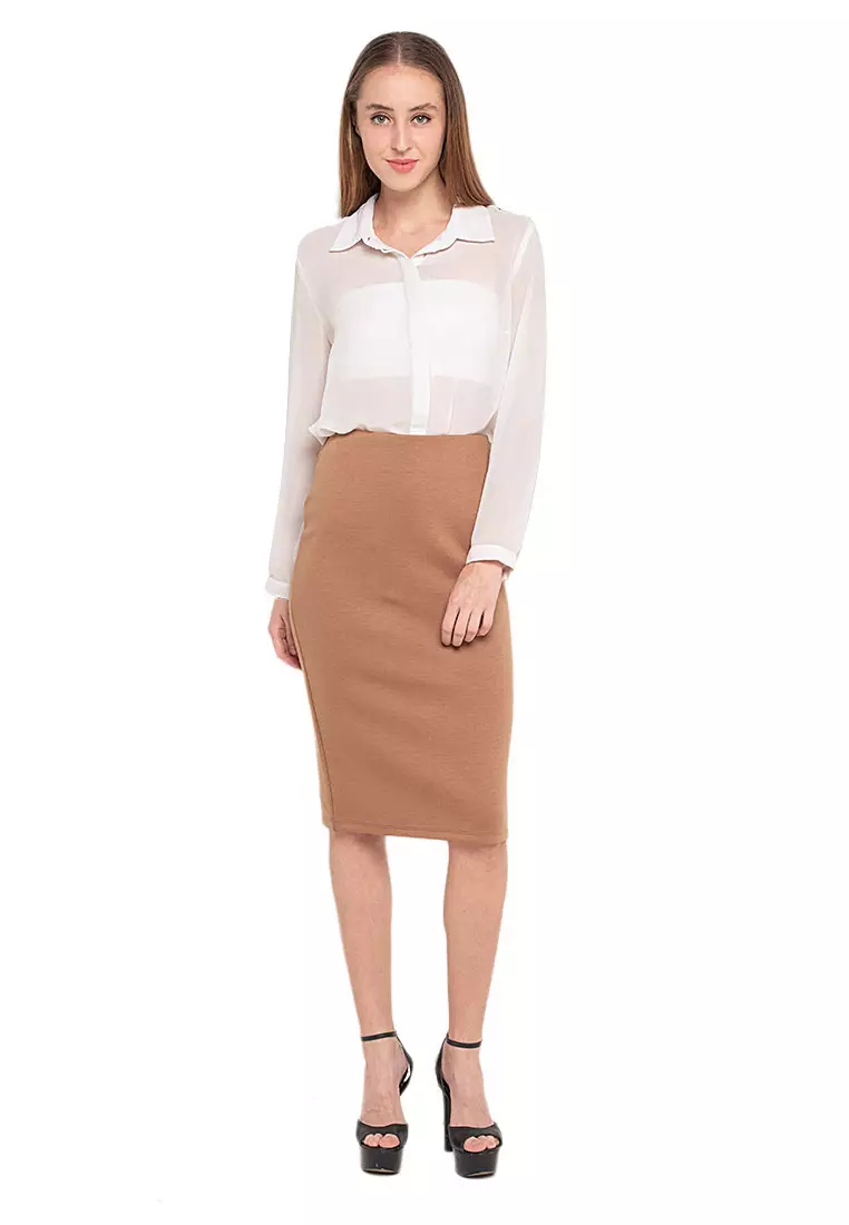 Chalon Midi Skirt Motif Solid Design Casual Bawahan Wanita - Brown