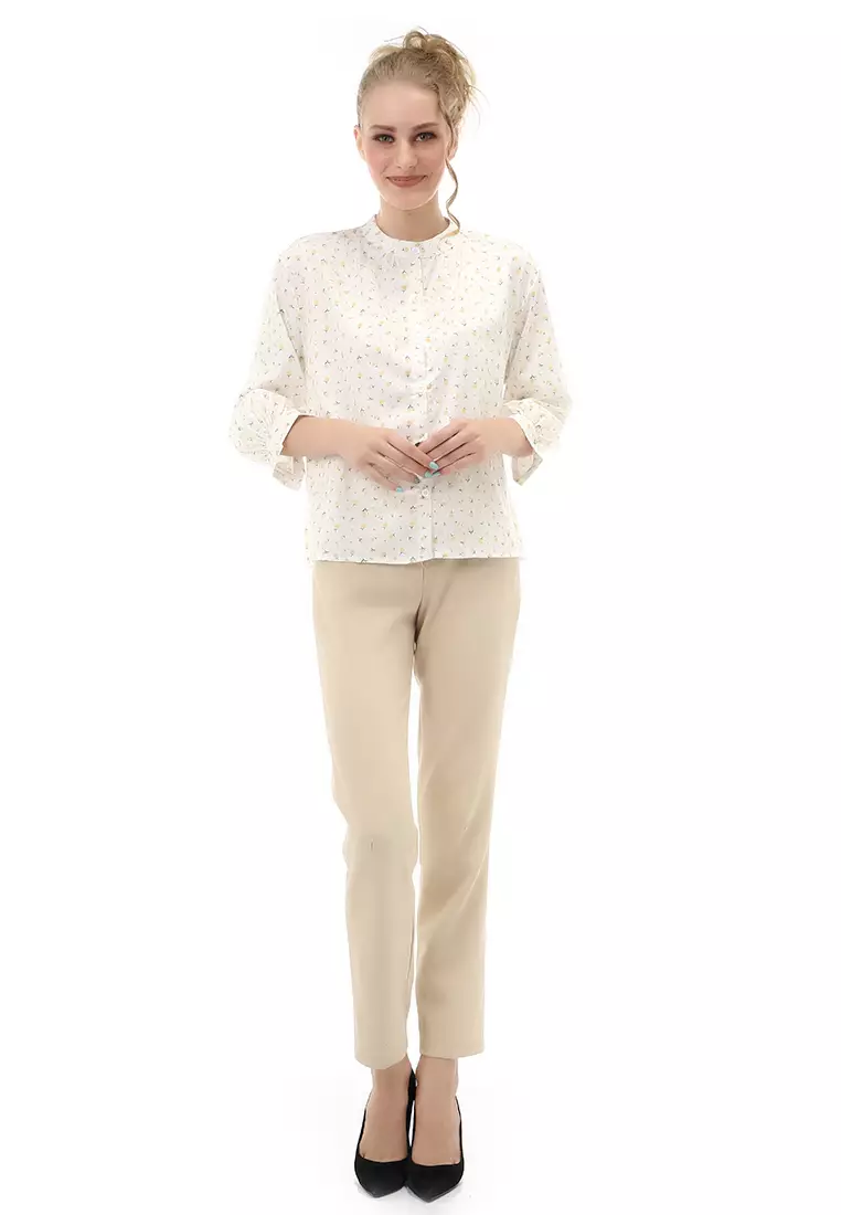 Cheva Blouse Atasan Wanita Kasual Lengan Panjang Motif Bunga Material Chiffon ORIGINAL - White