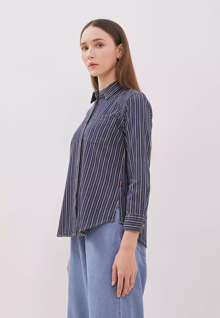 DUST Kemeja Denim Ansel Garis Biru Tua (D.116488)