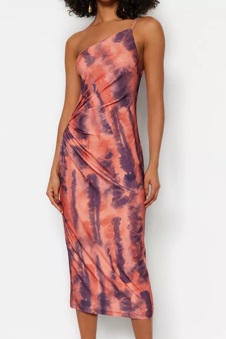 Printed, Fitted Midi One-Shoulder, Flexible Knit Dress