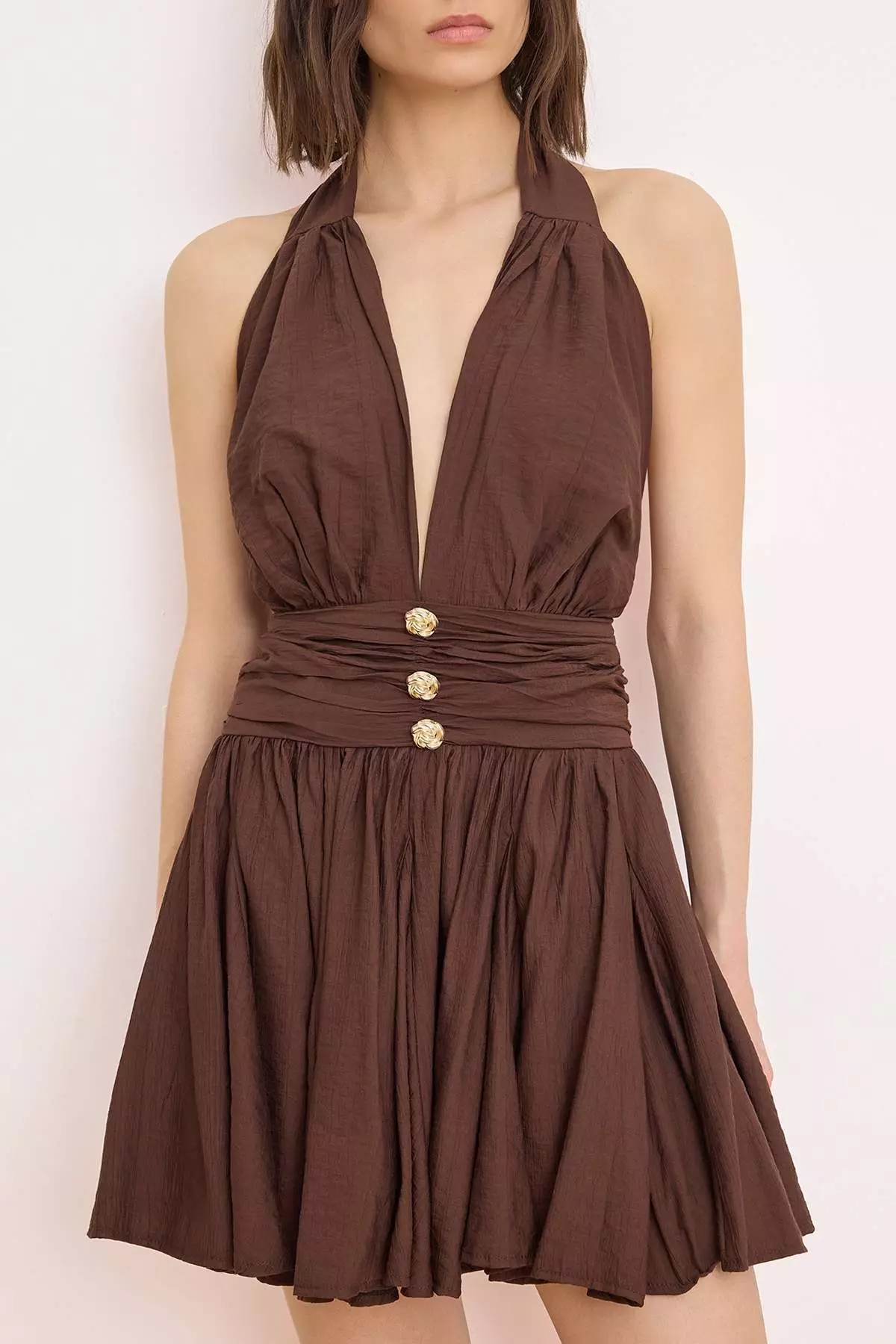 Dark Brown Straight Tie Detail Short / Mini Woven Dress Tprss25El319