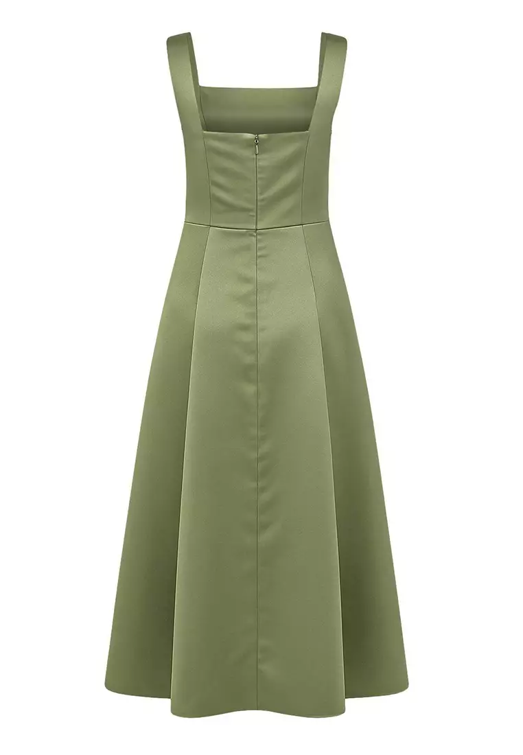 Oil Green Skirt Waist Open Woven Satin Midi Unlined Homecoming/Prom Dress