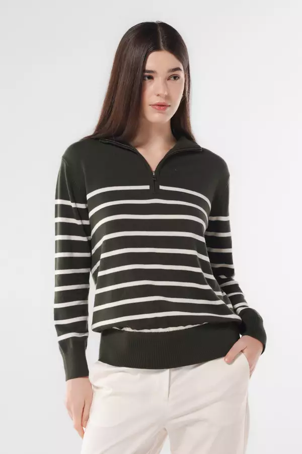 MINIMAL - Reeny - Sweater Rajut Zipper Motif Garis - Green
