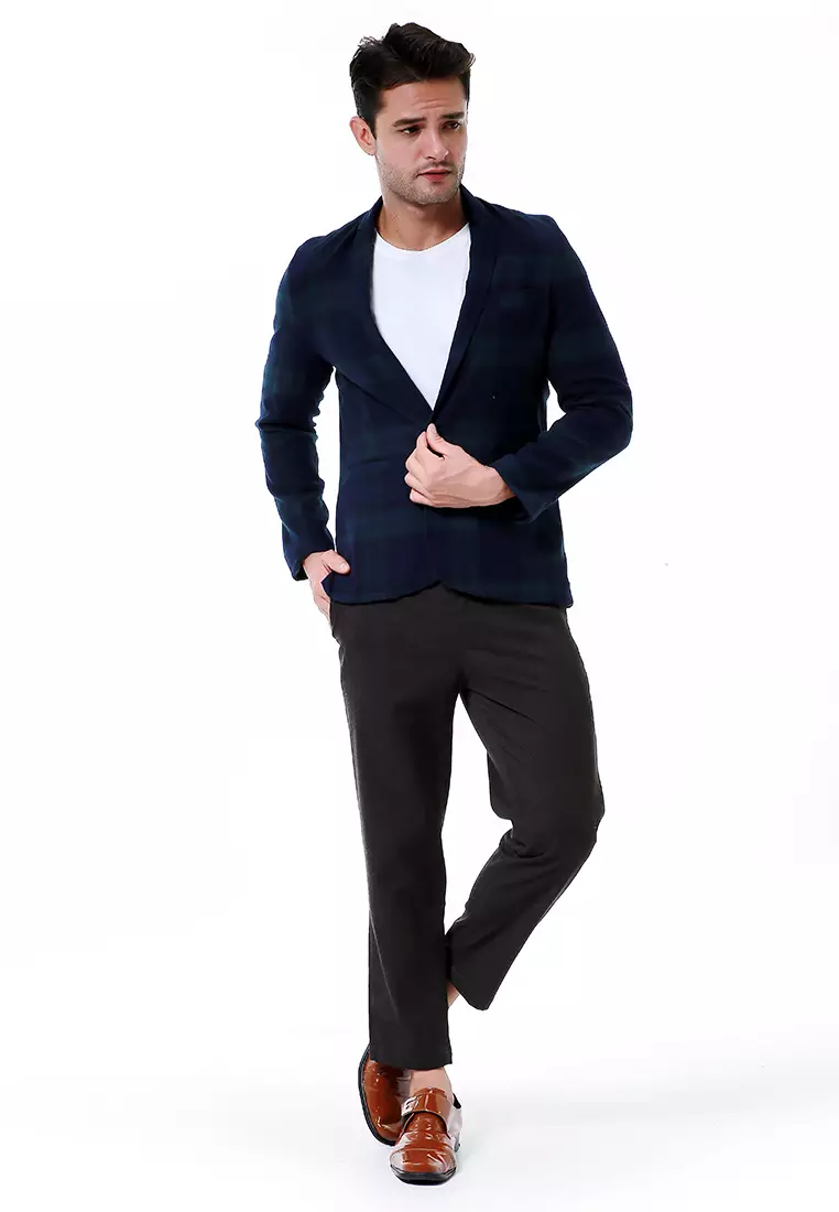 Elard Outerwear Pria Blazer Formal Lengan Panjang Plaid Motive Material Wool ORIGINAL - Green Navy