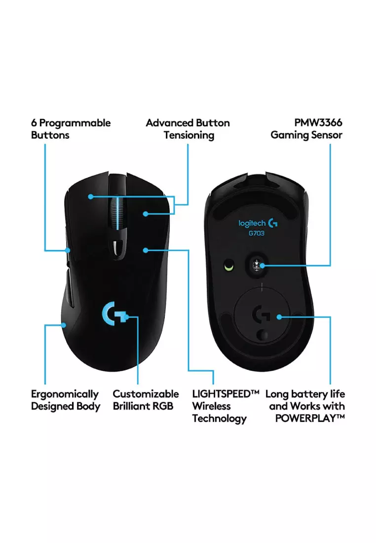 Logitech G703 LIGHTSPEED Wireless Gaming Mouse with HERO Sensor, Black 