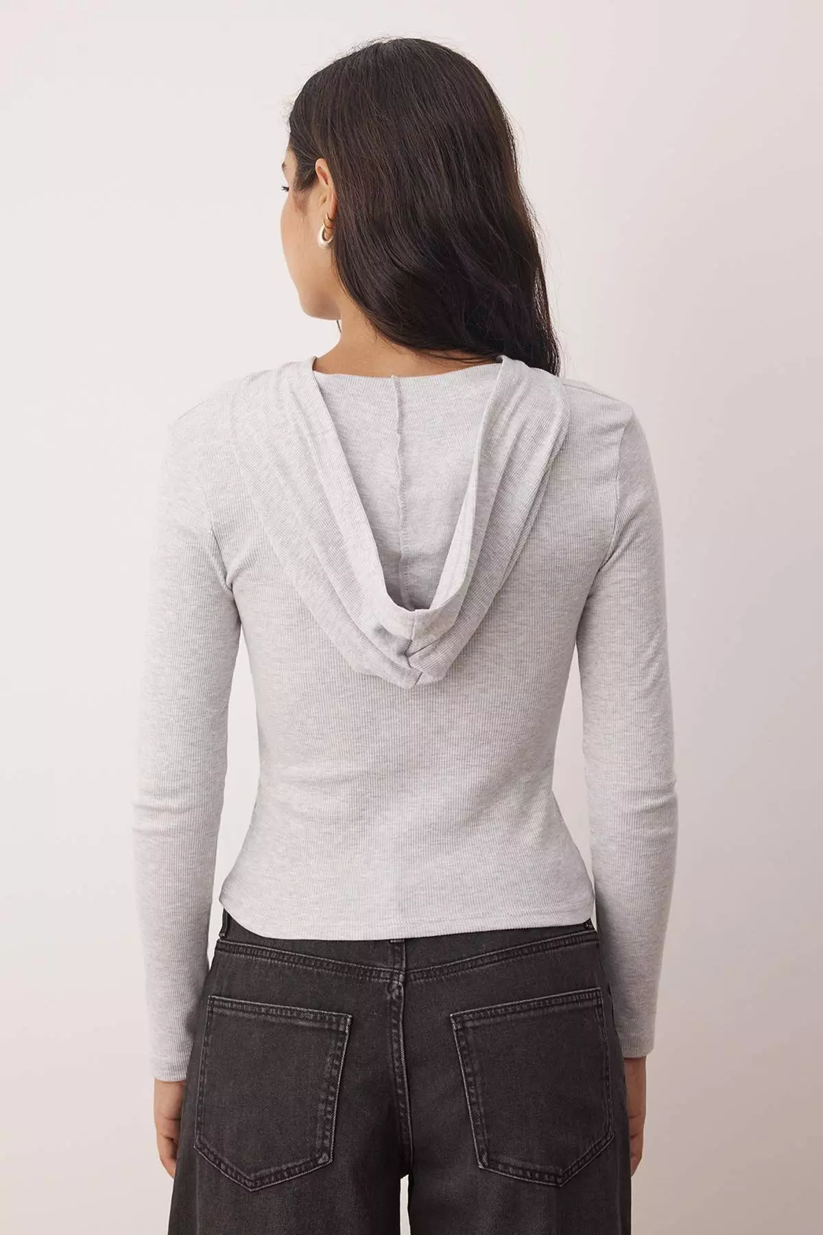 Snow Melange Hooded Ribbed Buttoned Fitted/Body-Smoothing Knitted Blouse Twoaw26Bz00033