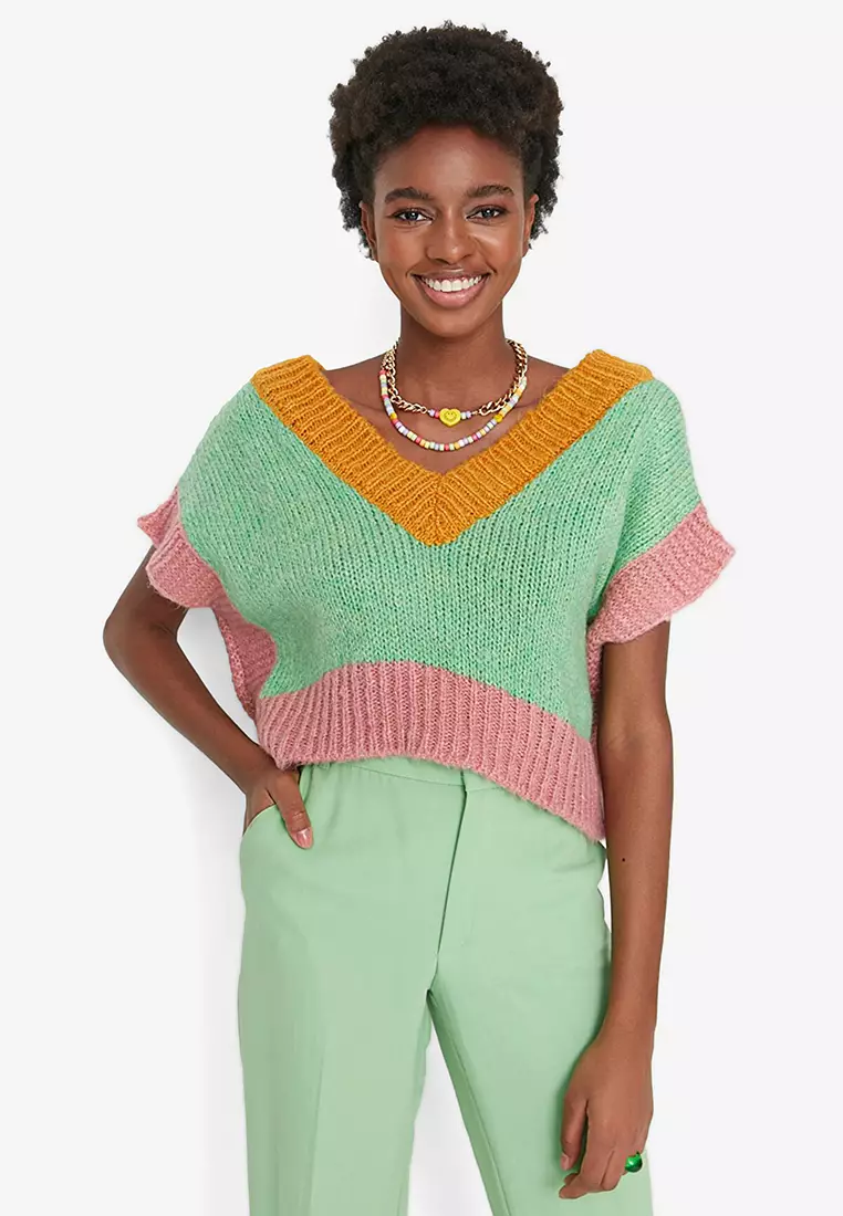 Buy Trendyol V-Neck Colorblock Sweater 2023 Online | ZALORA Philippines