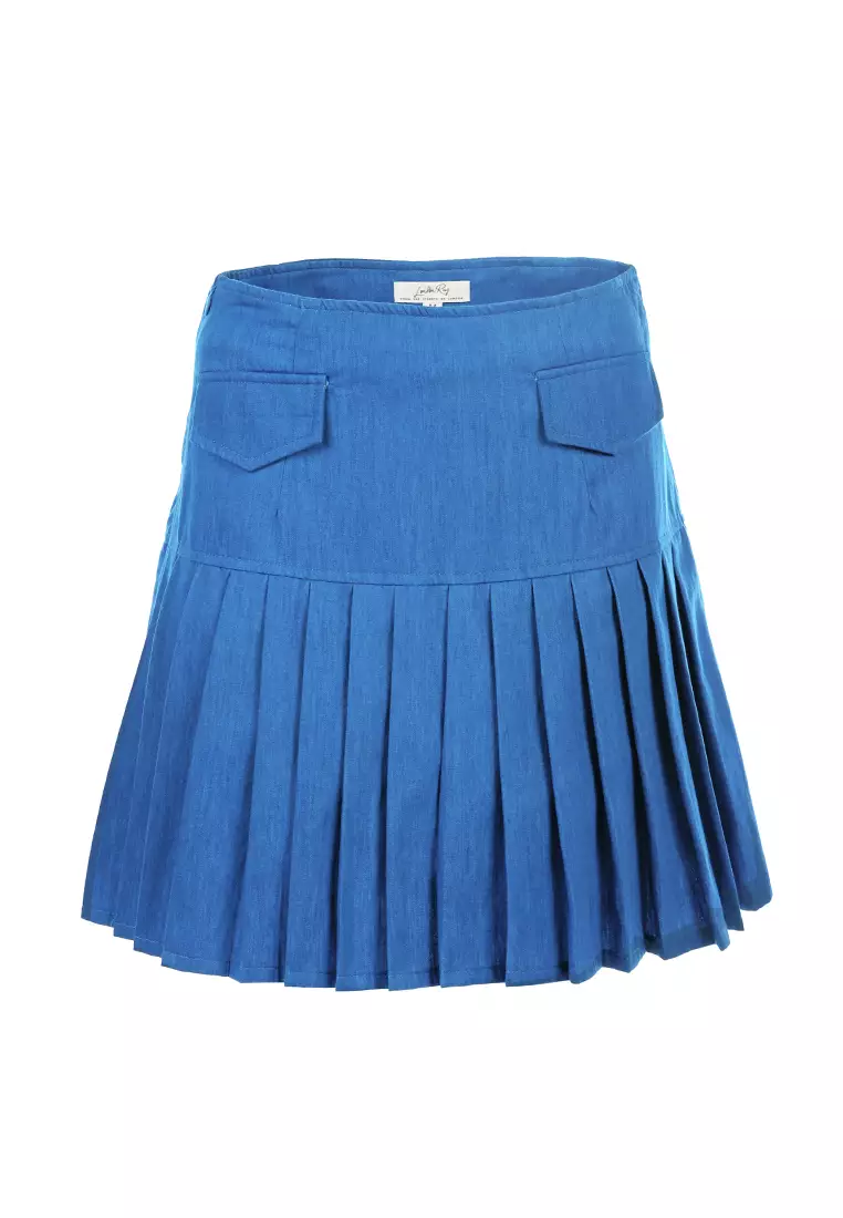 Rok Godet Drop Pinggang Lipit dengan Warna Biru