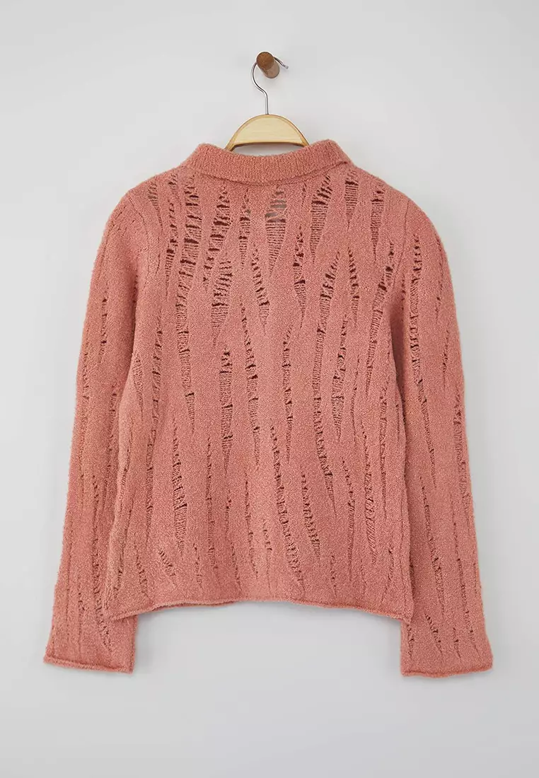 Dusty Rose Openwork/Hole Boucle Yarn Knitwear Cardigan Twoaw26Hi00192