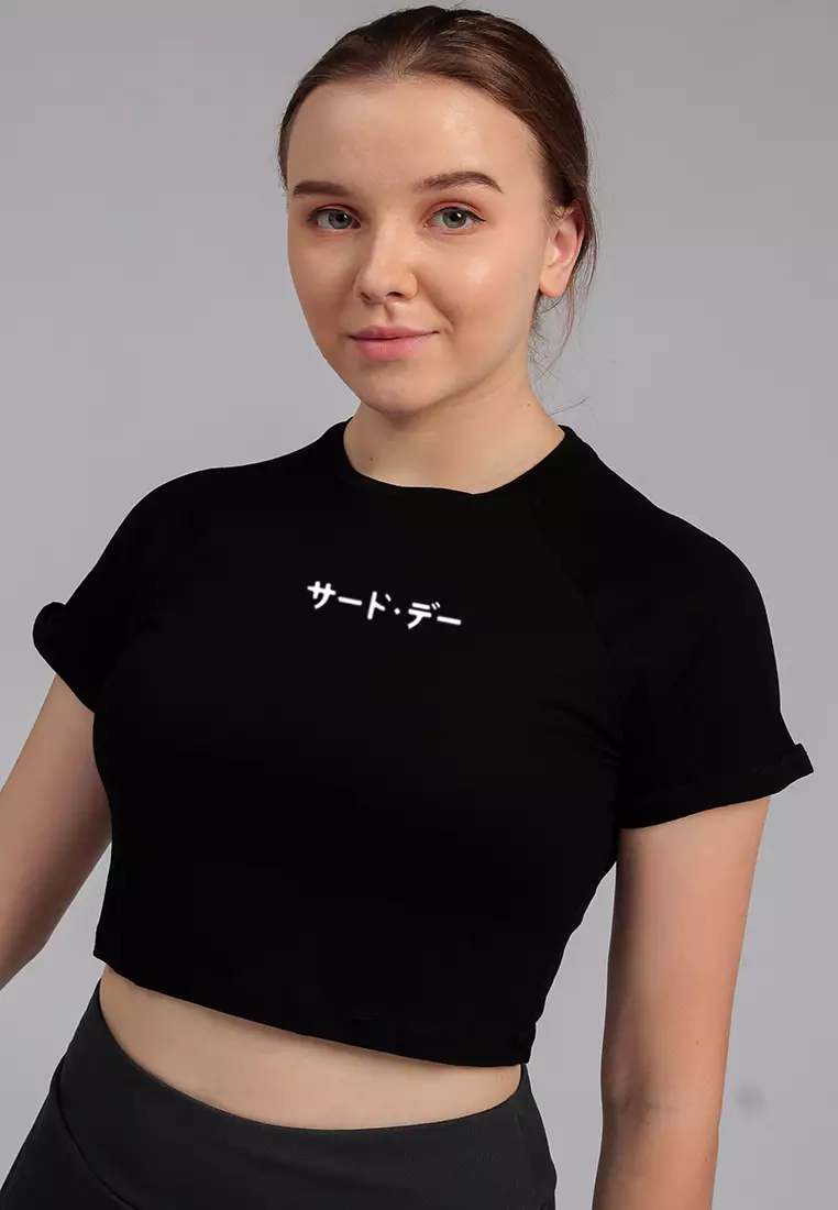 LTE03 STCP Crop Top Katakana Hitam Kaos Casual Wanita