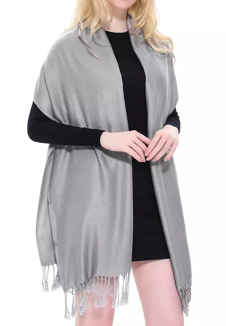 Aksesoris Wanita Linen -Feel Plain Viscose Shawl Pashmina Syal Wanita Mineral Grey