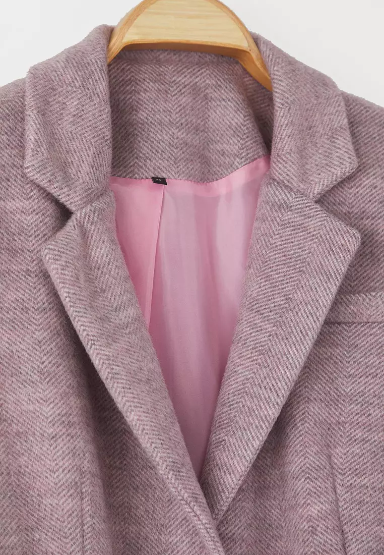 Lilac Houndstooth Fitted Mono Closure Long Cashmere Coat