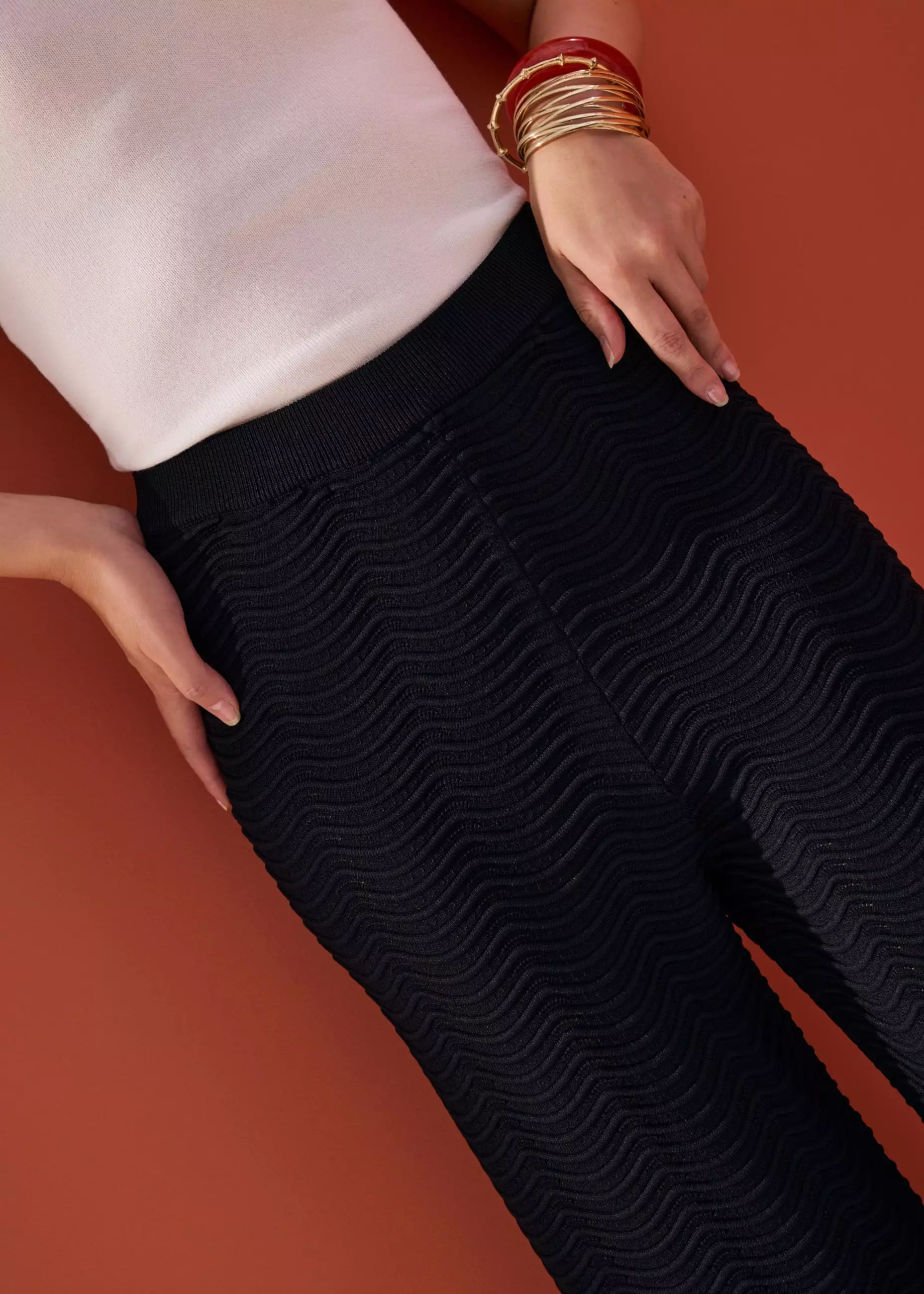 Celana Panjang Wanita - Elastic Wavy Knit Straight Leg Pants