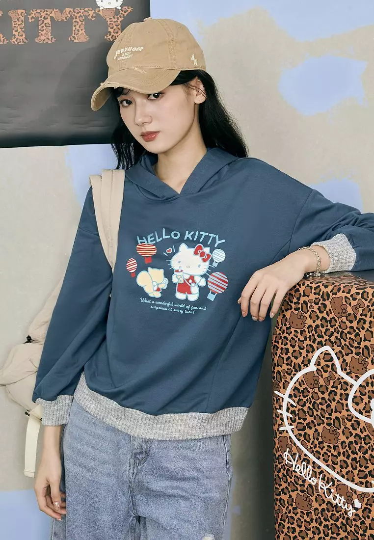 玩轉百tee．KITTY環島台灣羅紋配色連帽大學T《KB1440》