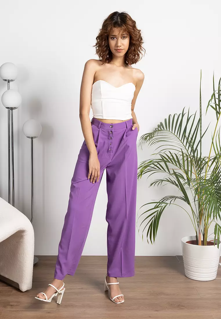 Purple Zatraf Women's High Waist Straight Pants - Elegant Button Fly Beige  Trousers