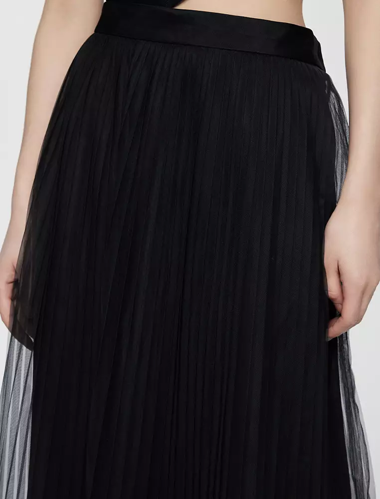 Straight Cut Pleated Long Waist Skirt