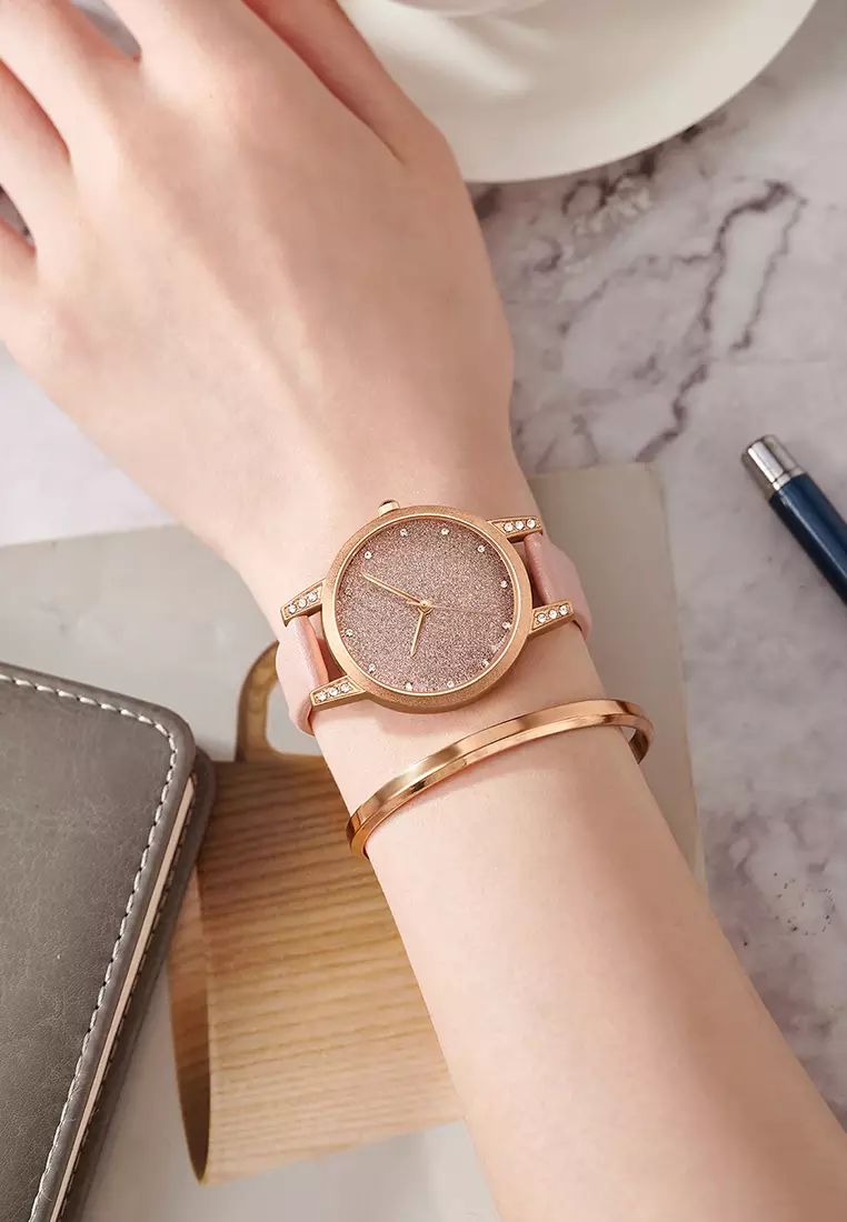 Jam Tangan Wanita Original Korea Mode Tali Kulit Jam Tangan Cewek SL3341 pink