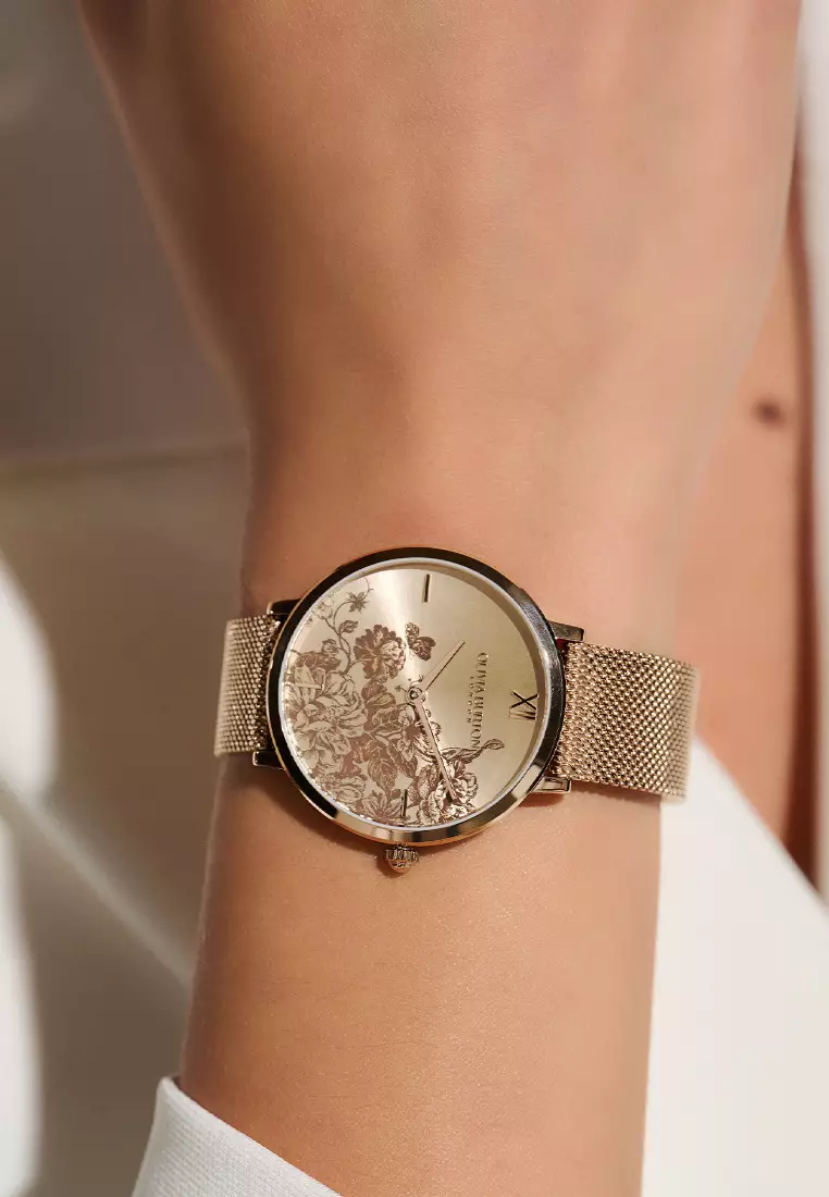 Olivia Burton 35mm Floral Blooms Ultra Slim Blush & Carnation Gold Mesh Watch - 24000116