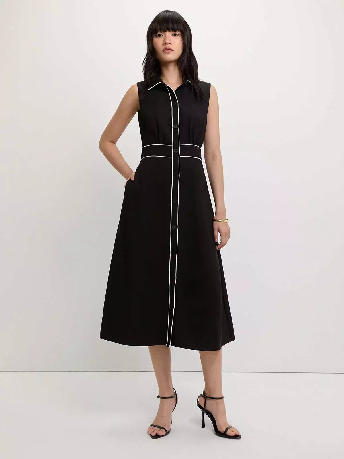 Pomelo - Dress Wanita - Contrast Trim Dress - Black