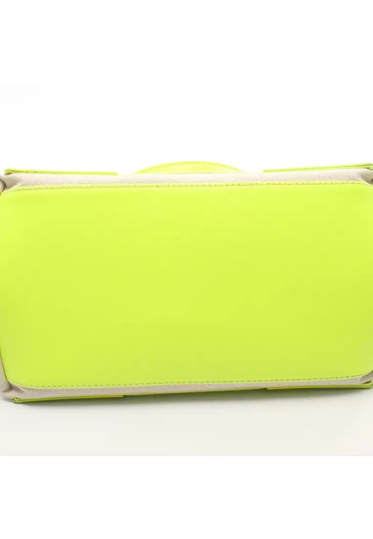 Pre-Loved BALENCIAGA NAVY CABAS S navy hippopotamus Handbag tote bag canvas leather ivory yellow Neon color