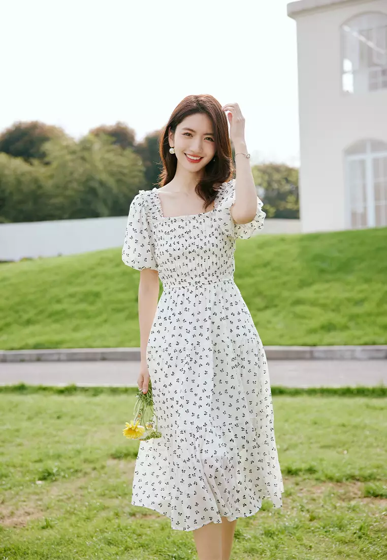 Buy Hopeshow Polka Dot Puff Sleeve Ruffle Hem Dress 2026 Online