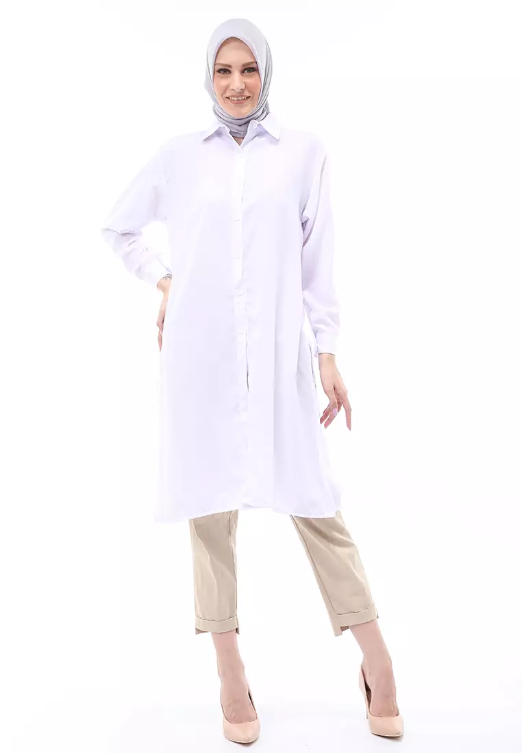 Septiyani Tunik Atasan Wanita Motif Polos Long Sleeve Regular Fit - White