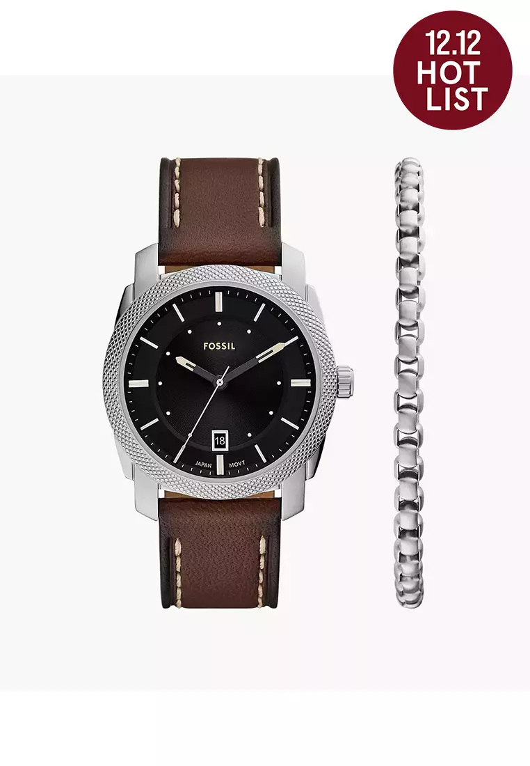 Fossil Machine Brown Leather Watch Bracelet Set Jam Pria 42MM FS6081SET