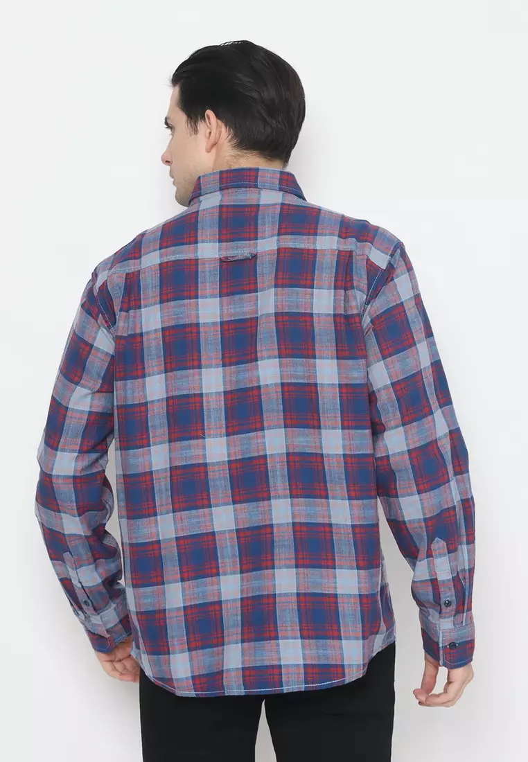 POLICE Kemeja Kotak Cotton Twill Slub Merah Biru Regular Fit Lengan Panjang Pria