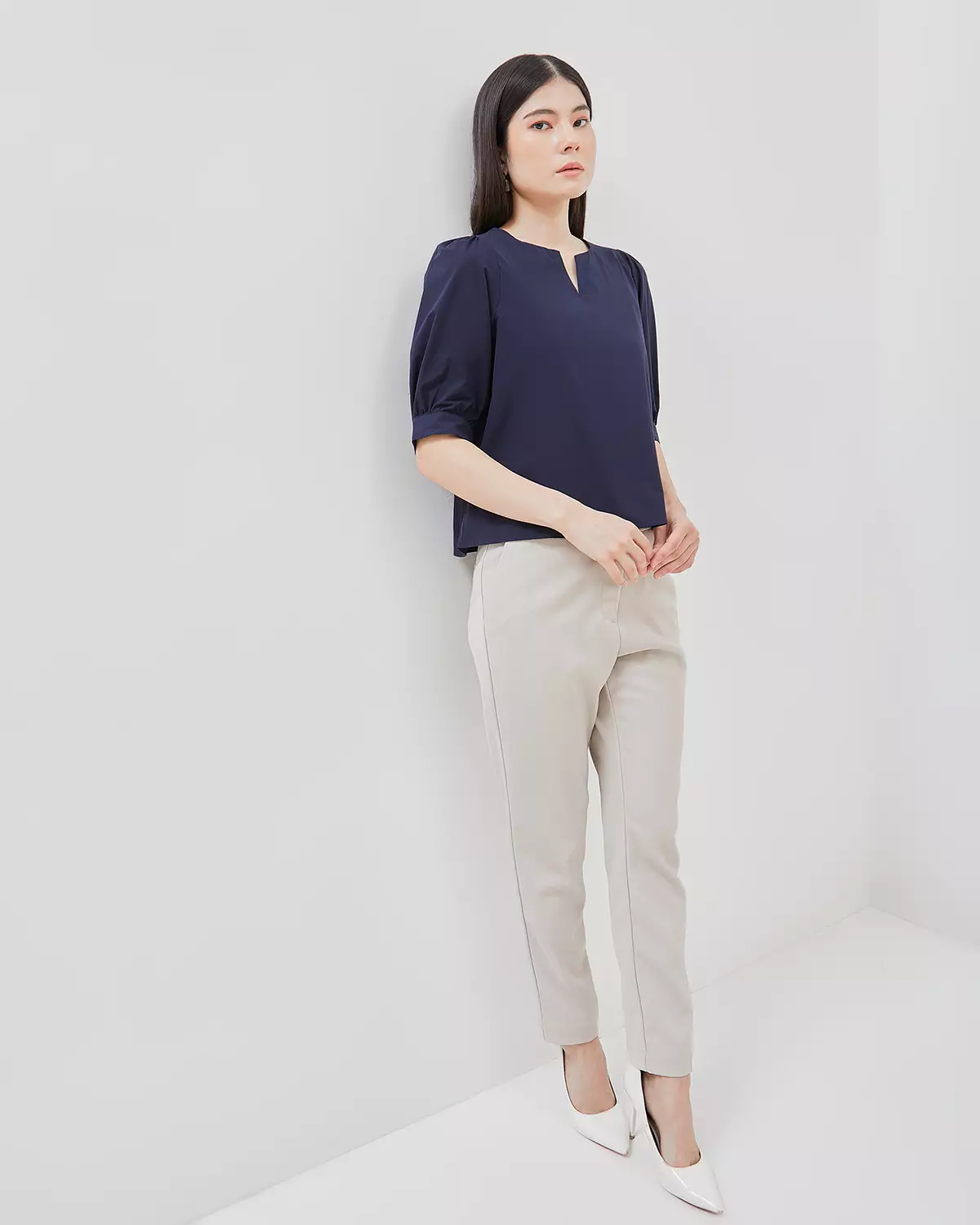 WOMEN'S BLUE V-NECK PUFF SLEEVE BLOUSE