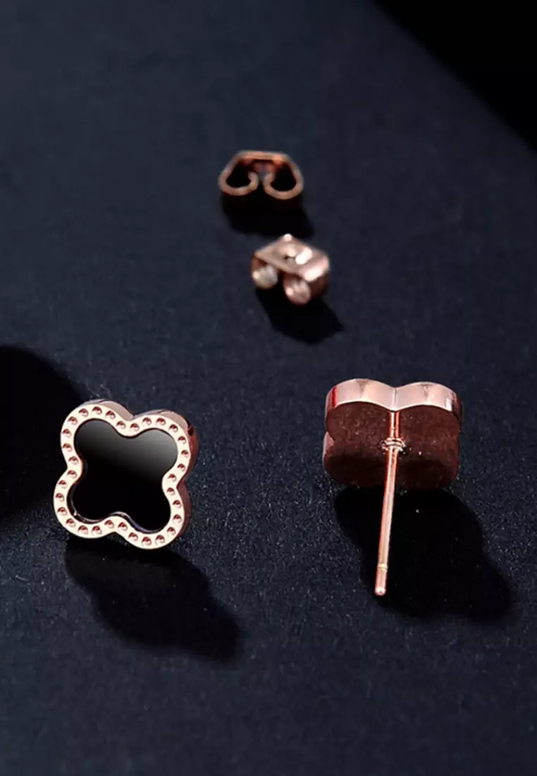Adele Four Leaf Clover with Black Ceramic Inlay Stud Earrings (11mm) in Rose Gold