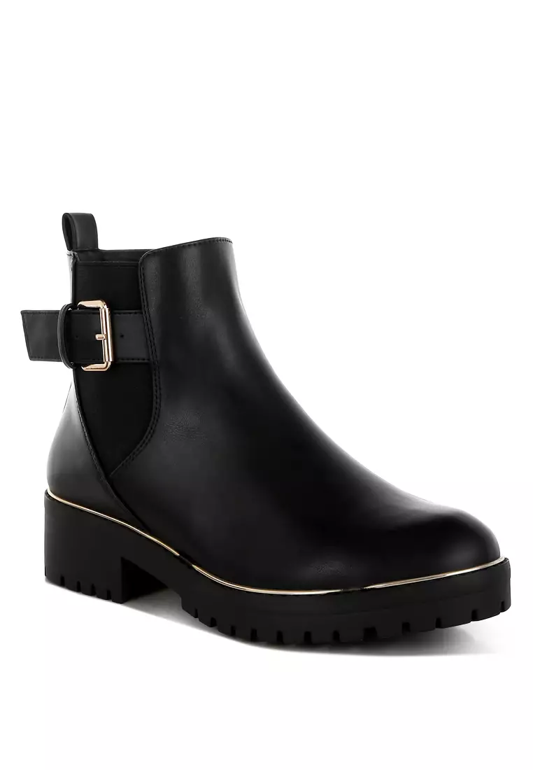 Chunky Buckle Detail Ankle Boots in Black