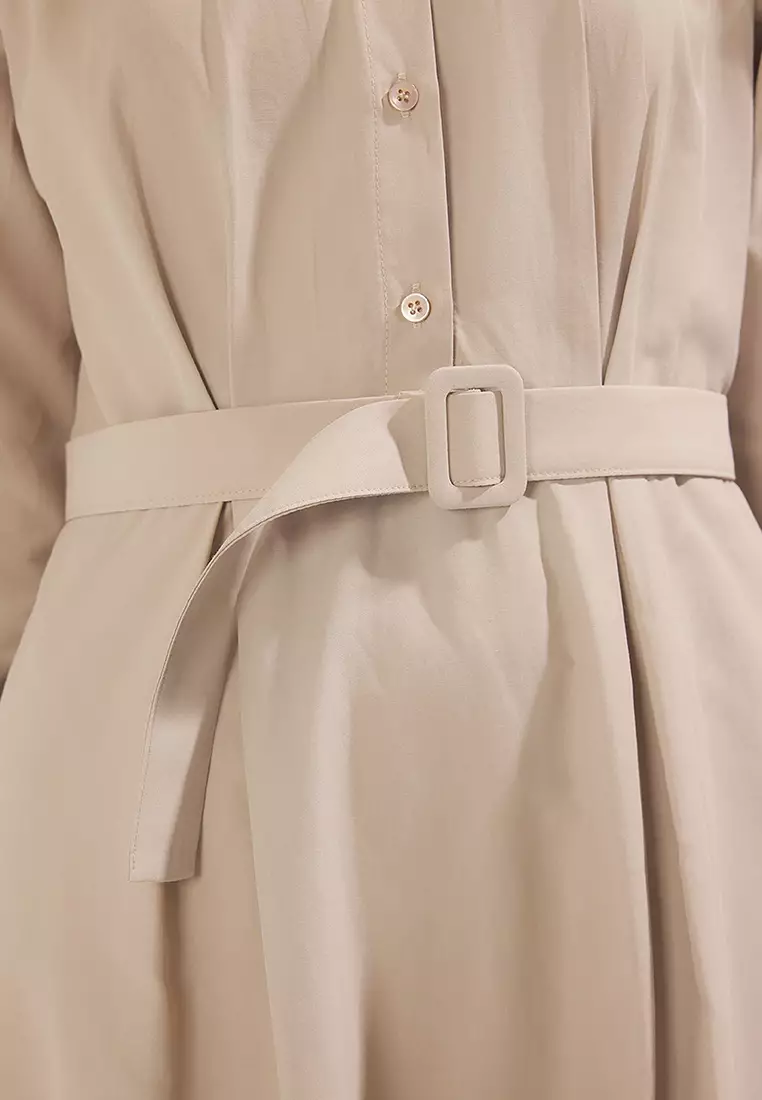 Beige Shirt Collar Fabric Belted Woven Dress TCTSS25EB00006