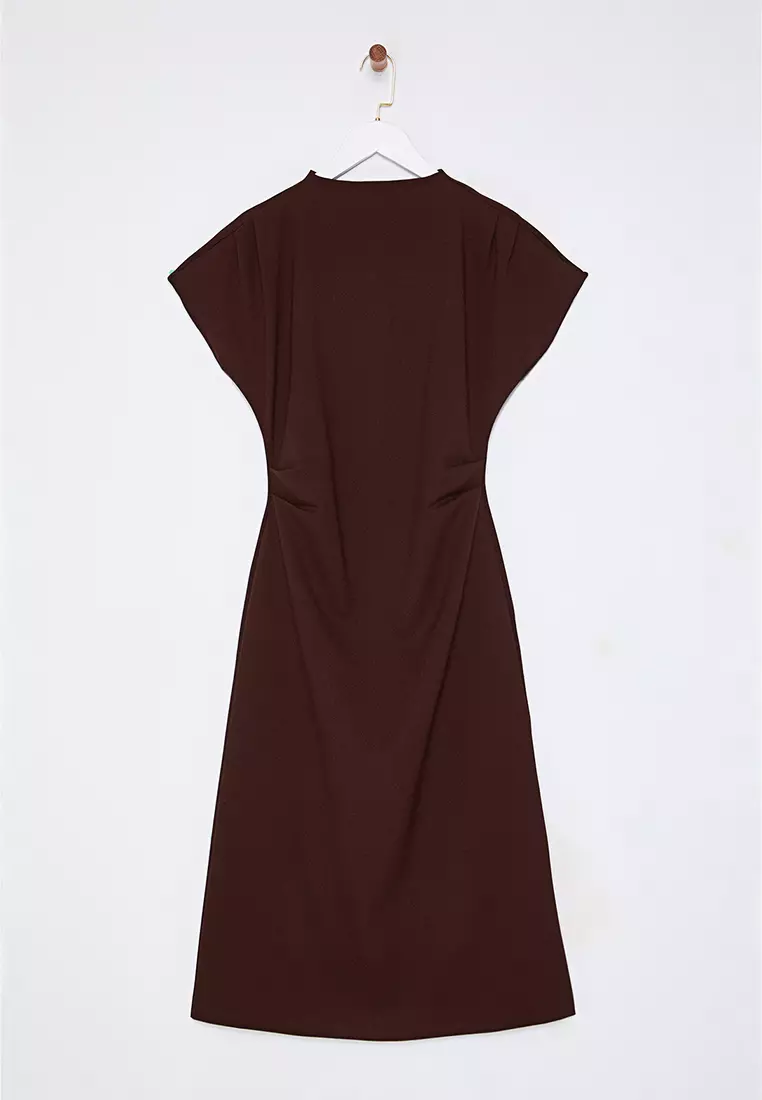 Brown A-Line Cowl Neck Midi Crepe Woven Dress TWOAW25EL00393