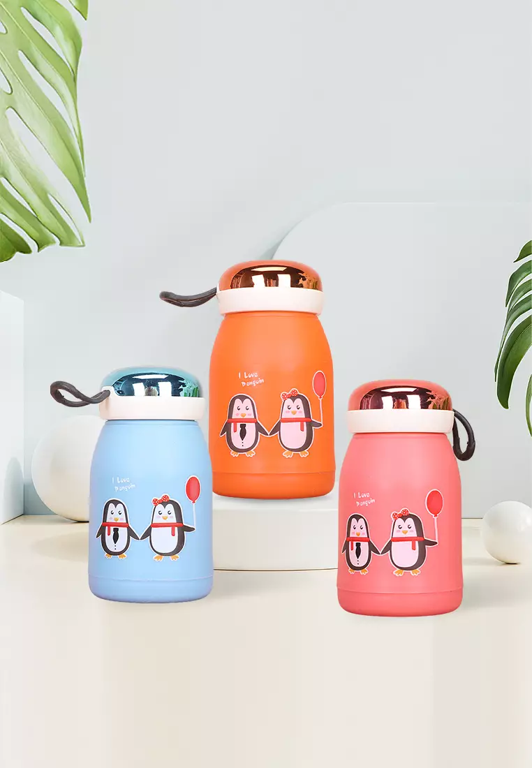 Wakakids Botol Minum Kaca Anak Food Grade Minimalis 380ml Motif Pinguin Venrz Pink