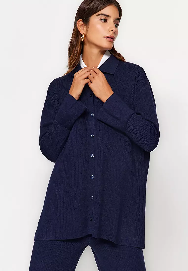 Navy Blue Slit Detailed Cardigan-Pants Knitwear Suit TCTAW23US00028