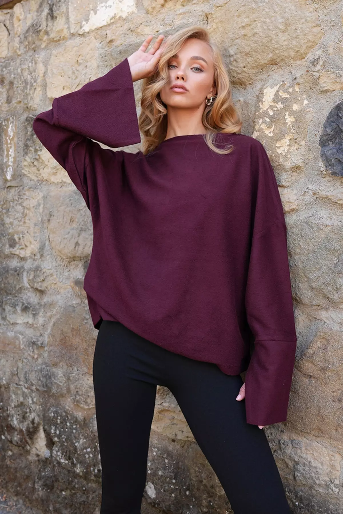 Women's Burgundy Stand Collar Batwing Sleeve Cuff Slit Wide Cut Blouse Alc-X14434