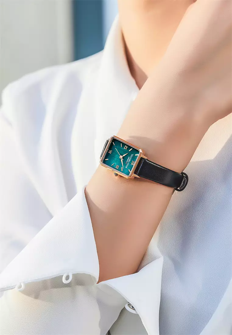 Hampton 22×28 mm女士手表 綠色珍珠母貝表盤 優雅方形手表 配黑色真皮表帶 -綠色