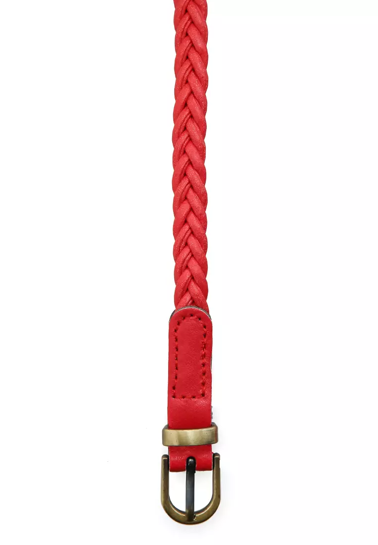 Imani Aksesoris Fashion Wanita Ikat Pinggang Model Kepang Casual Belt Slim Design Material Leather ORIGINAL - Red
