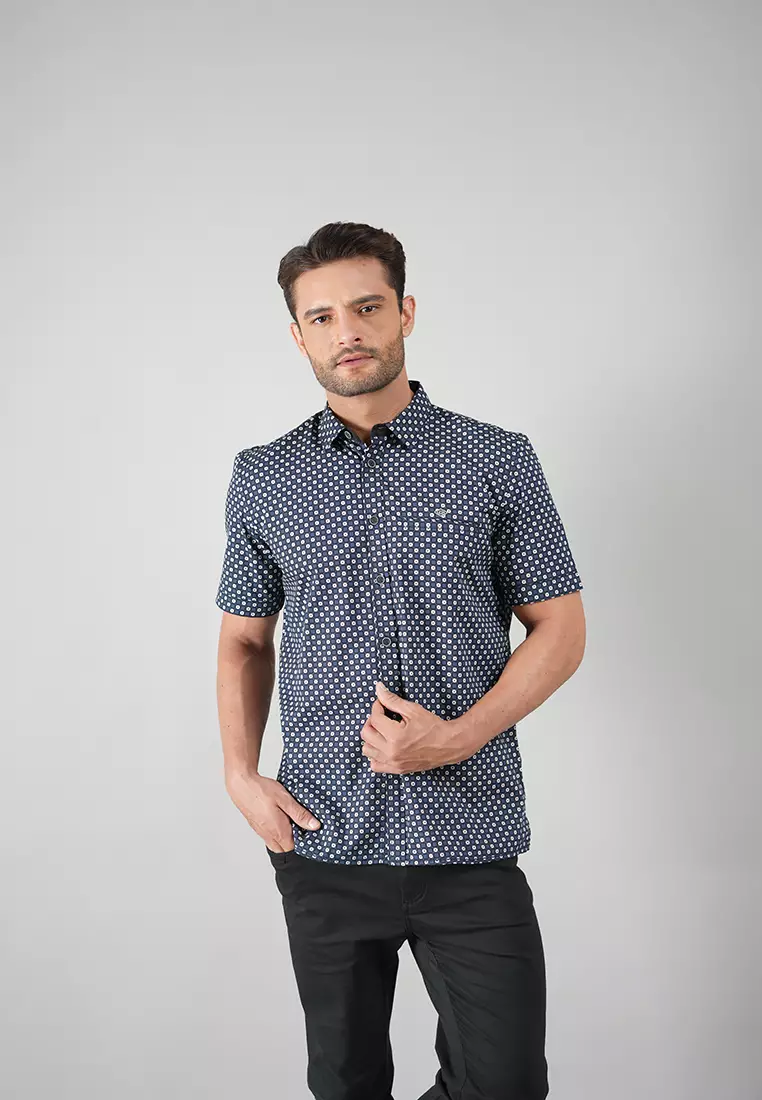 LGS - Kemeja Casual Pria Lengan Pendek Motif Full Polkadot - Navy - CSH.272.S730.1280.C