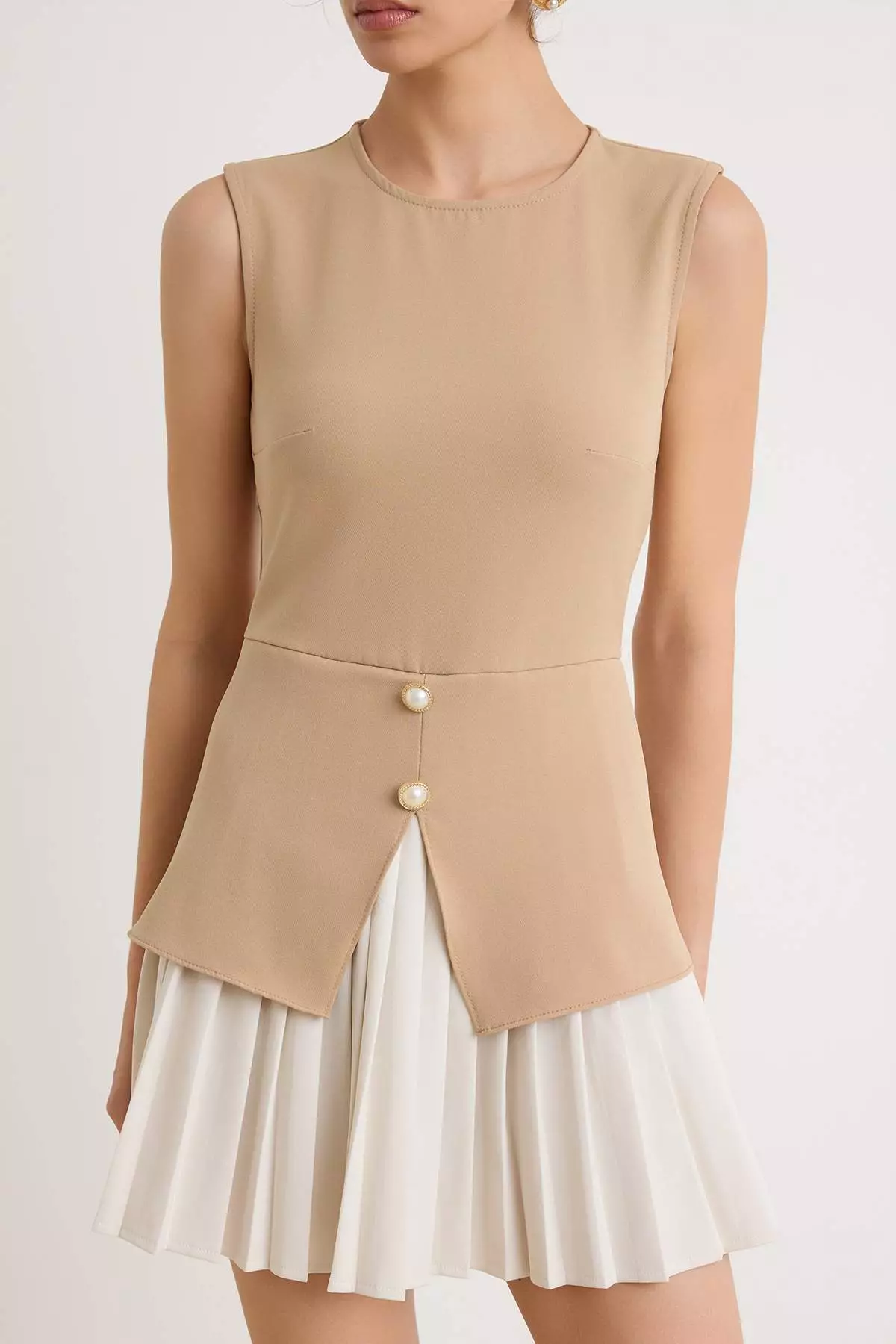 Ecru Color Block Pleated Pearl Button Detailed Short Woven Dress Twoss25El00861