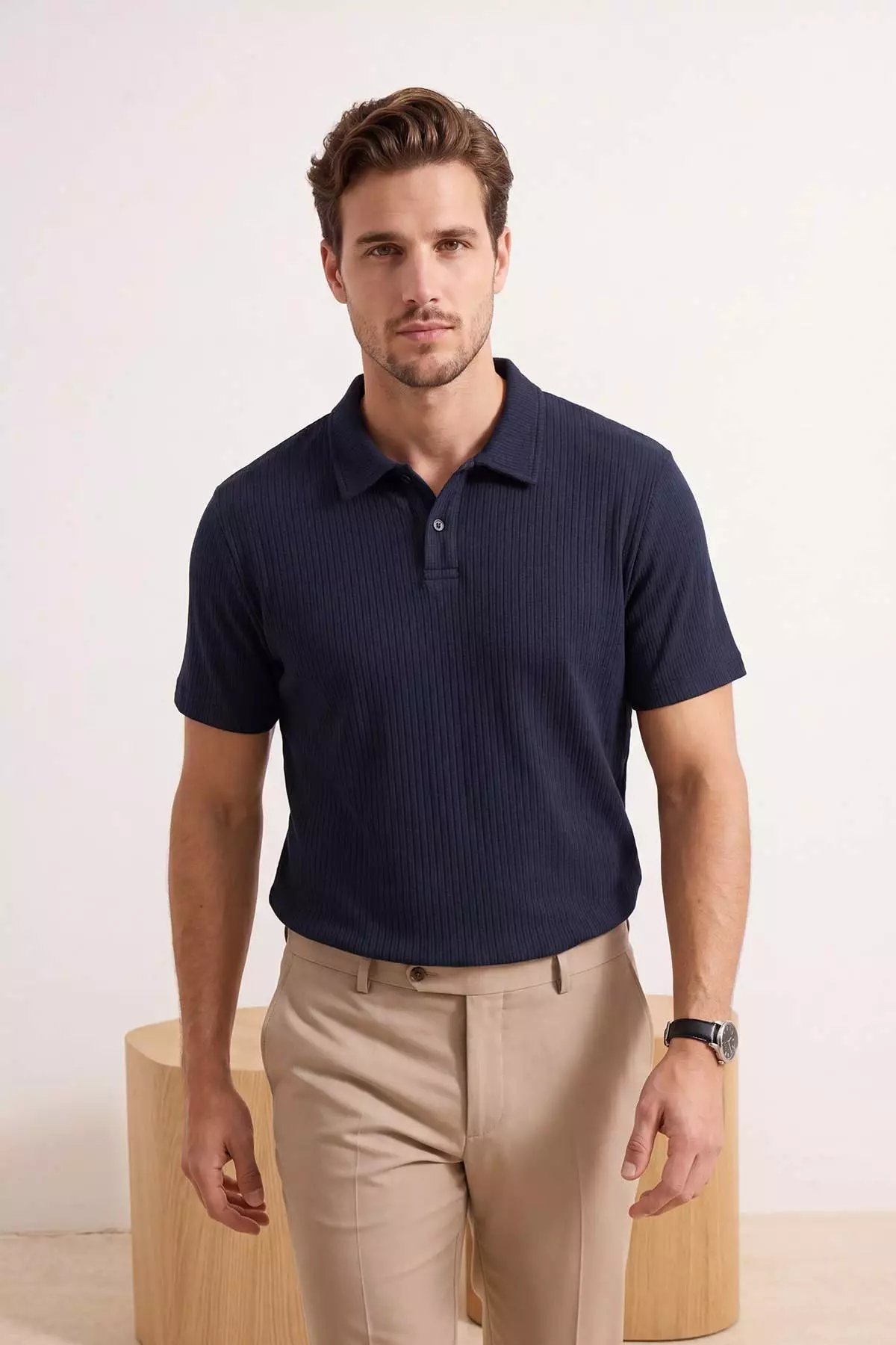 Buy Trendyol Navy Blue Regular/Normal Cut Textured Polo Neck T-Shirt ...