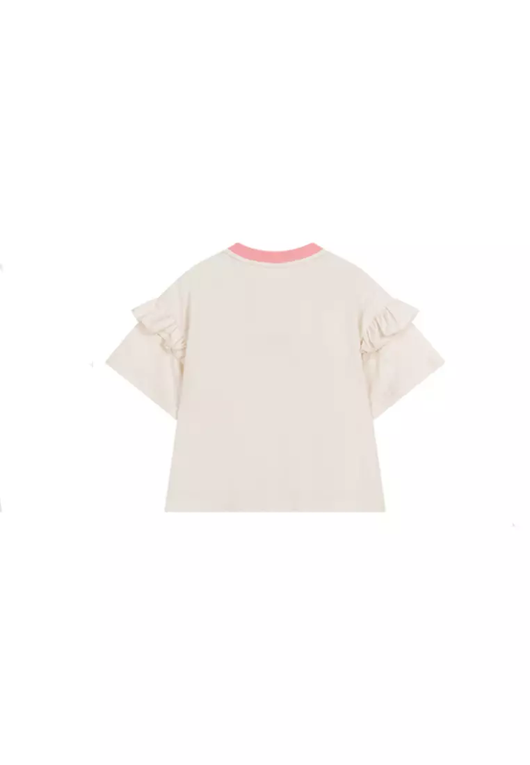 女小童短袖T恤趣味笔触感印花木耳边T恤