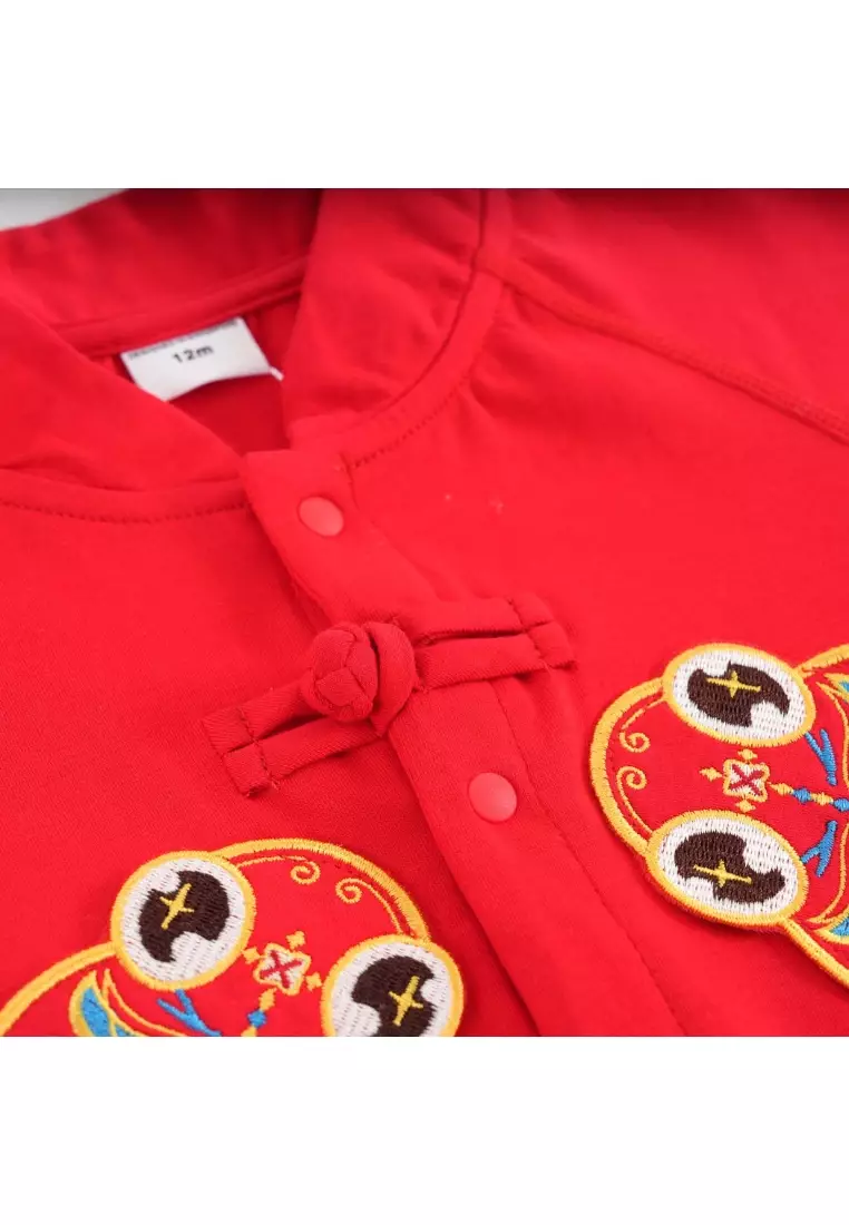 富貴和諧紅色家族裝配金魚圖案嬰兒男孩唐裝漢服爬服 0834