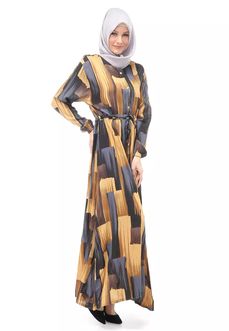 Monalisa Maxi Dress Muslimah Wanita Bermotif Corak Long Sleeve Regular Fit - Multicolor