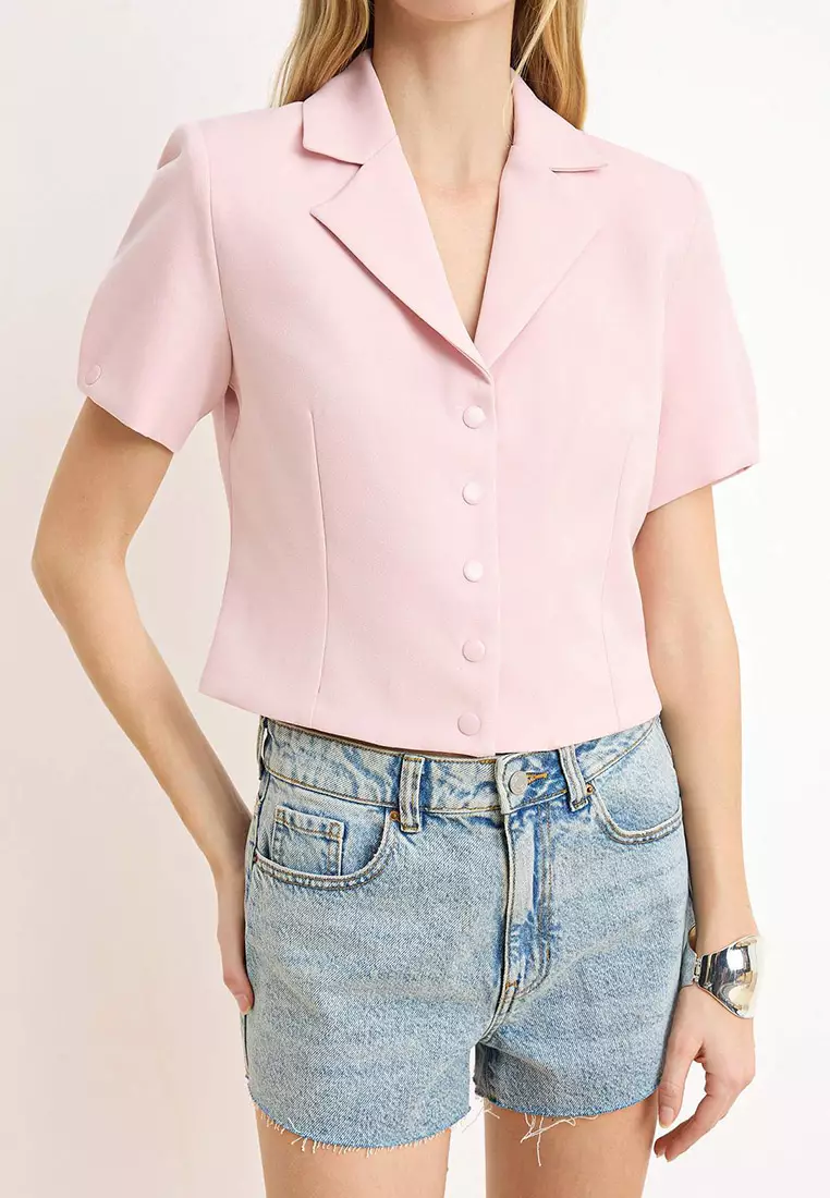 Pink Snap Fastener Short Sleeve Lined Crop Blazer Jacket Twoss26Bc29