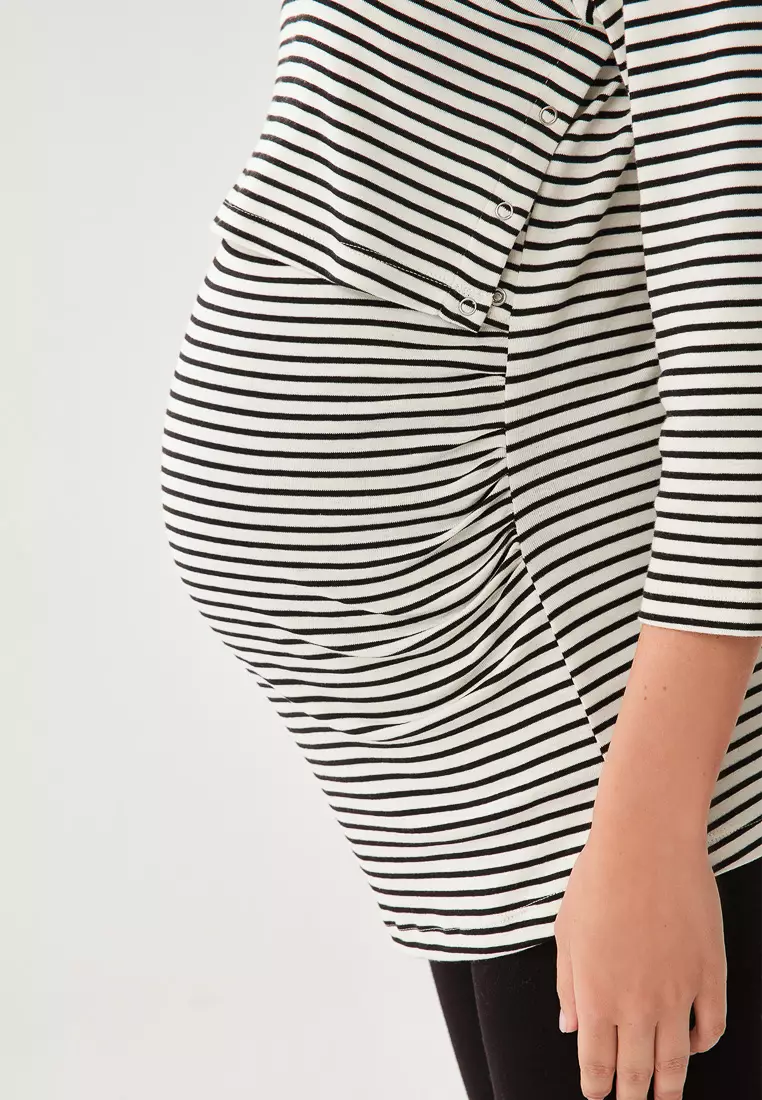 Black Maternity T-Shirt, Striped, Crew Neck, Normal Fit, Loungewear for Women