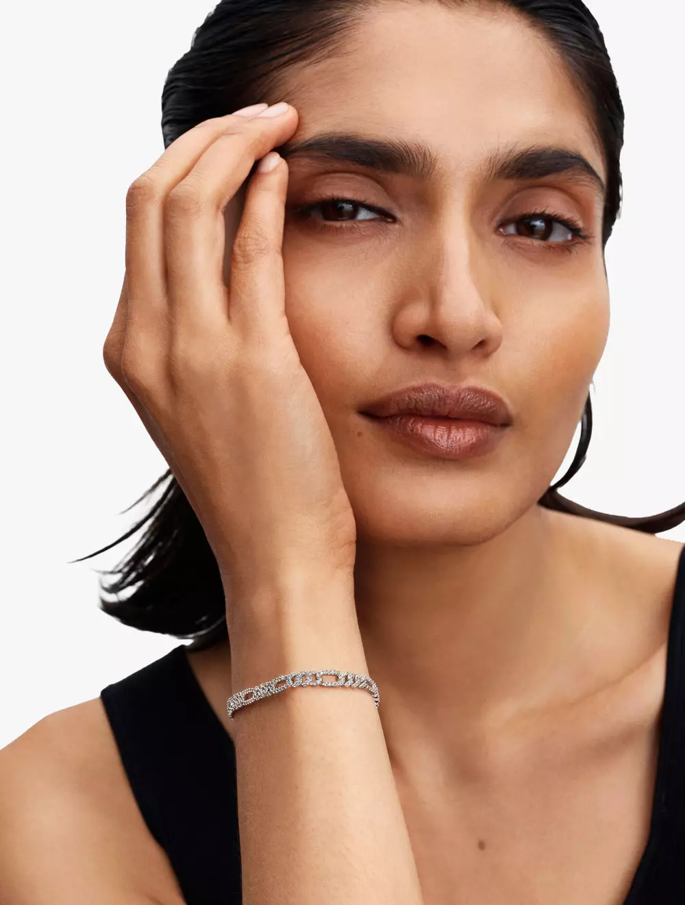 Oval Cuban Chain Sterling Silver Bracelet with Clear Cubic Zirconia - 18