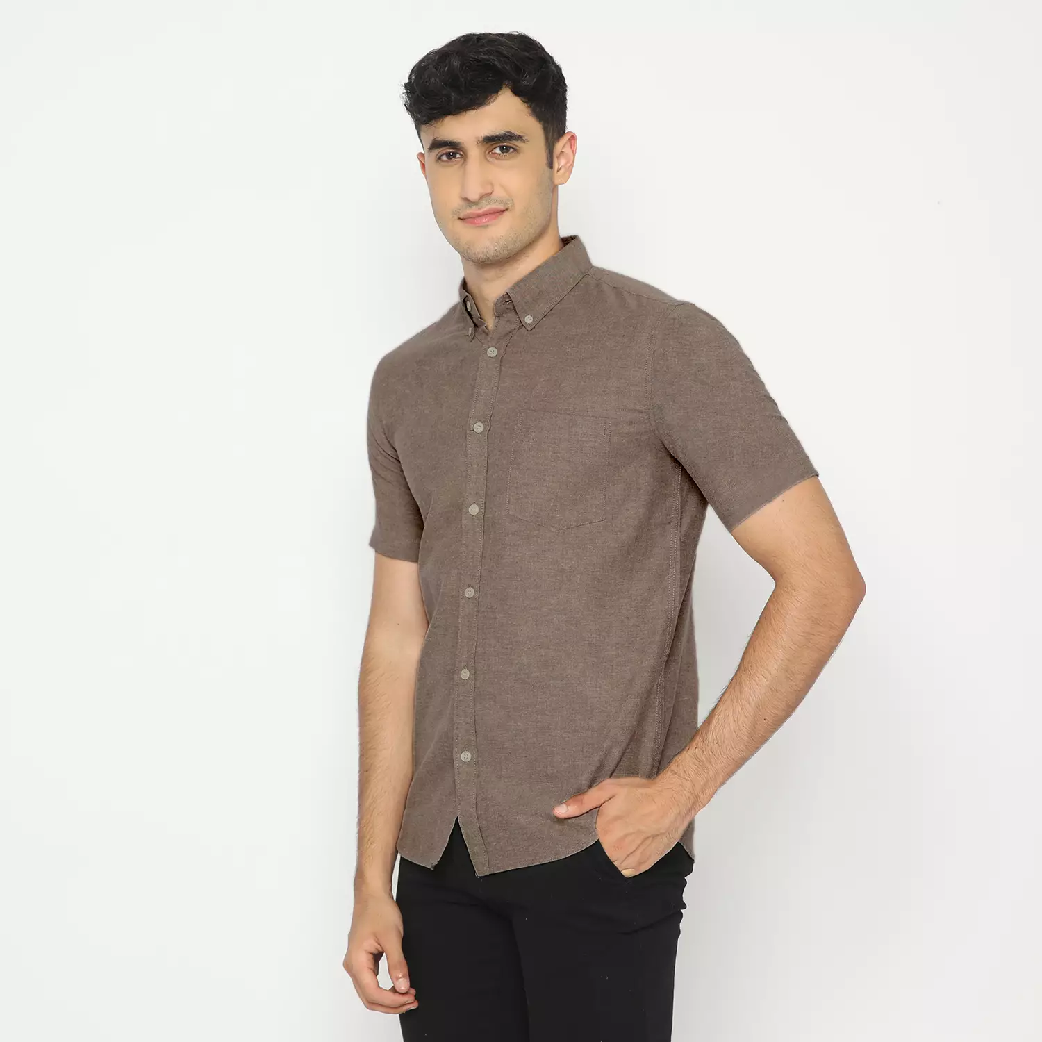 Platini Kemeja Pria Polos Lengan Pendek Katun Oxford COKLAT MUDA 1069